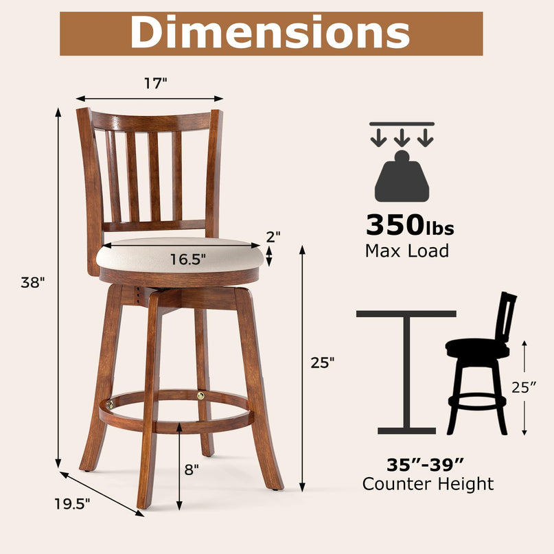 Tabourets de bar Giantex 63,5 cm avec pieds en bois d'hévéa, repose-pieds et assise rembourrée