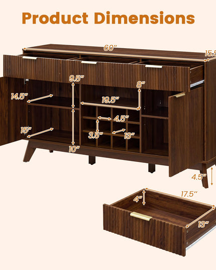 GIANTEX 60" Fluted Wine Bar Cabinet with 3 Stoarge Drawers & Wine Rack