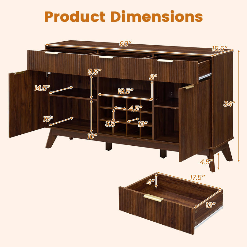 GIANTEX 60" Fluted Wine Bar Cabinet with 3 Stoarge Drawers & Wine Rack