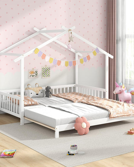 Giantex Extendable House Bed for Kids, Twin to King Daybed with Roof & Fence Rails, Wood Kids Bed Frame for Teens