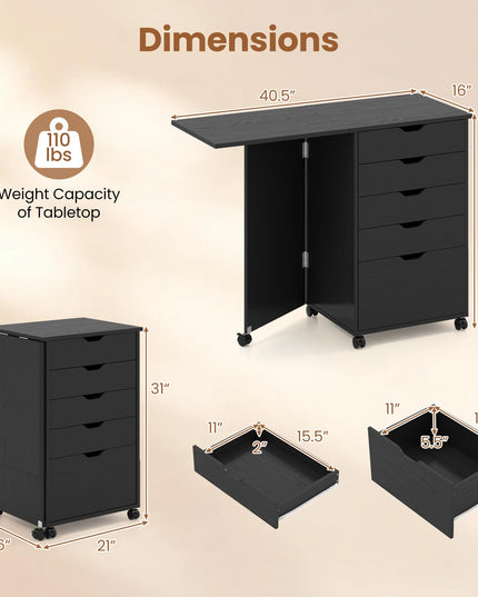 GIANTEX 5-Drawer Wood Compact Foldable Drop-Leaf Computer Desk with Wheels