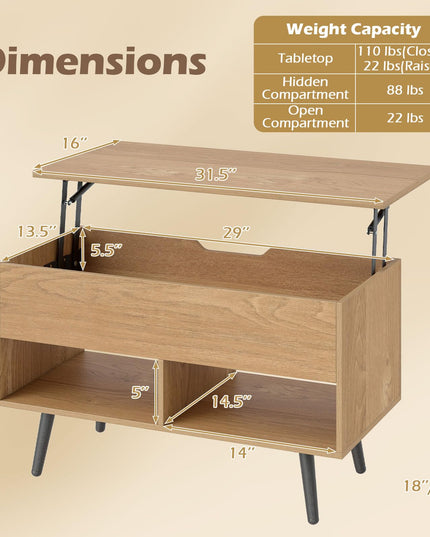 Giantex Lift Top Coffee Table w/Hidden Compartment & 2 Open Shelves