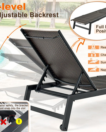 Giantex Patio Chaise Lounge Chair - Outdoor PE Rattan Recliner Chair with Wheels, 5-Position Adjustable Backrest