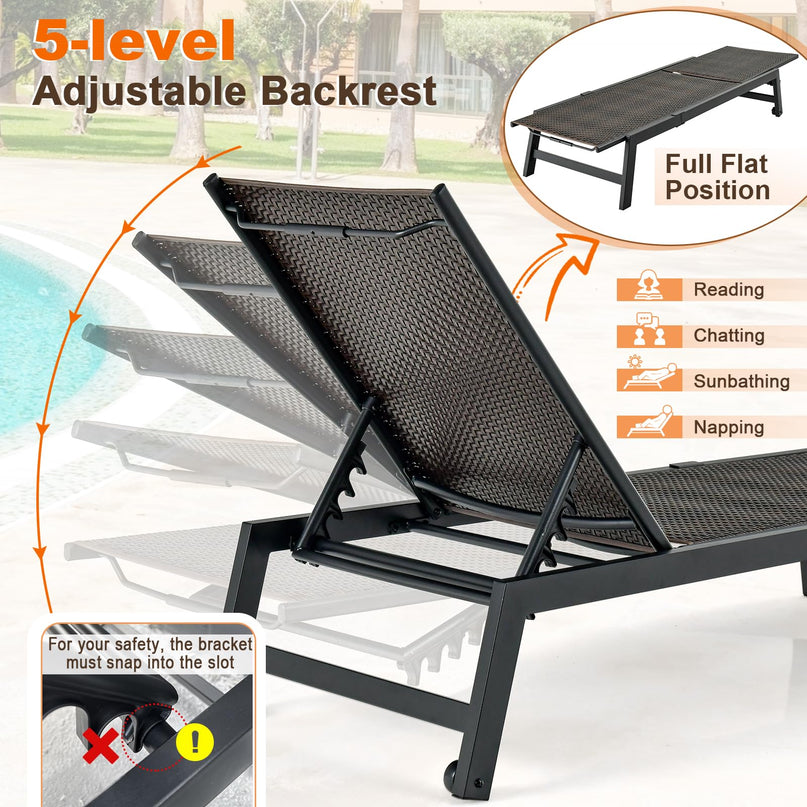 Giantex Patio Chaise Lounge Chair - Outdoor PE Rattan Recliner Chair with Wheels, 5-Position Adjustable Backrest