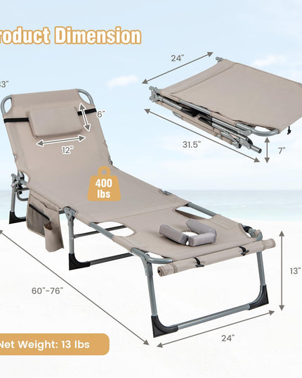 Giantex Folding Beach Tanning Chair - Outdoor Chaise Lounge Chair, 5-Position Adjustable Lounger with Face Hole