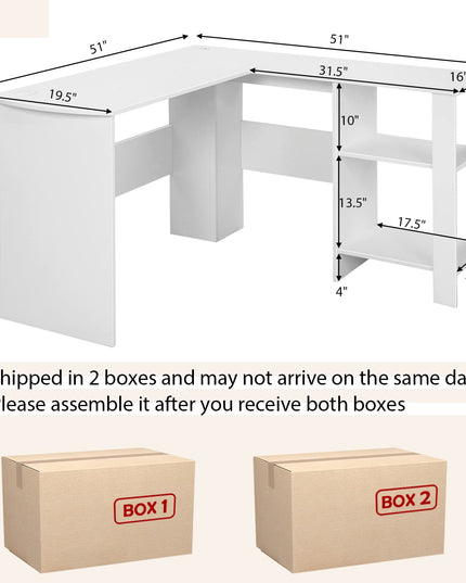 Giantex L Shaped Computer Desk, 51" Large Corner Desk with 2 Cable Holes & 2 Storage Shelves, White