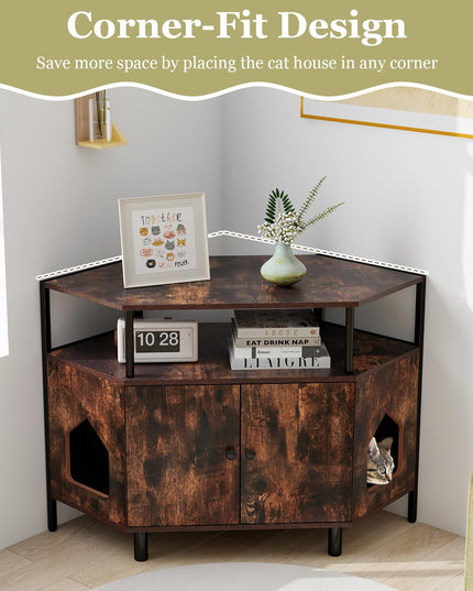 Giantex Corner Cat Litter Box Enclosure - Cat Washroom Hidden Furniture with Dual Front Entries