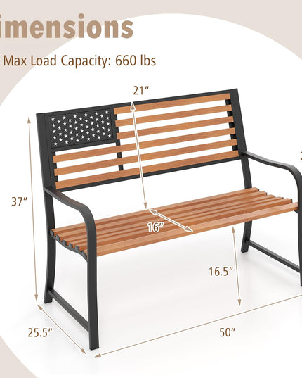 Giantex Outdoor Bench, 2-Person Metal Garden Bench with American Flag Backrest