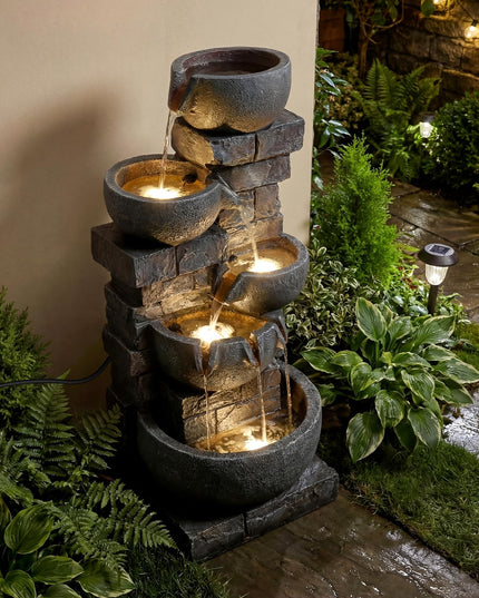 Giantex 5-Tier 33"H Cascading Stacked Stone Bowl Waterfall Fountain with LED Lights & Pump