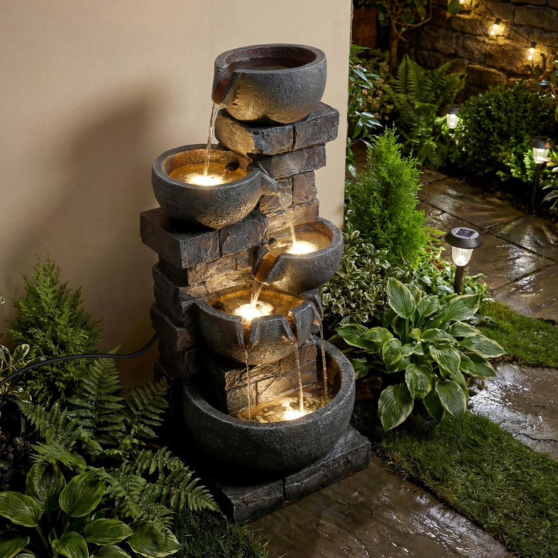 Giantex 5-Tier 33"H Cascading Stacked Stone Bowl Waterfall Fountain with LED Lights & Pump