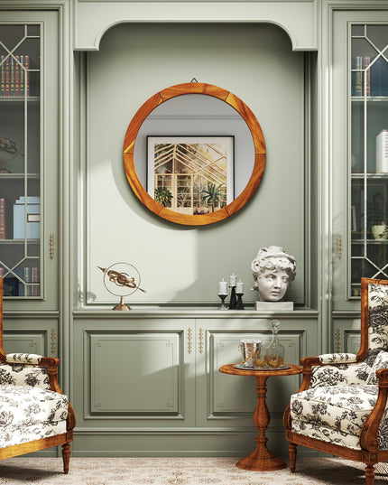 Farmhouse Wall Mirror Round Mirror with Solid Acacia Wood Frame