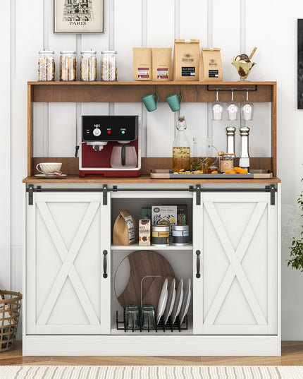 Giantex Farmhouse Buffet Cabinet with Hutch, Charging Station, 9 Bottle Wine Rack, Cup Glass Holder