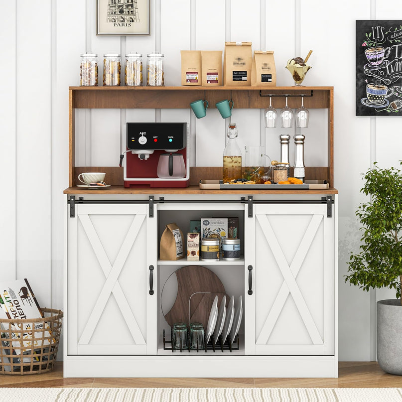Giantex Farmhouse Buffet Cabinet with Hutch, Charging Station, 9 Bottle Wine Rack, Cup Glass Holder