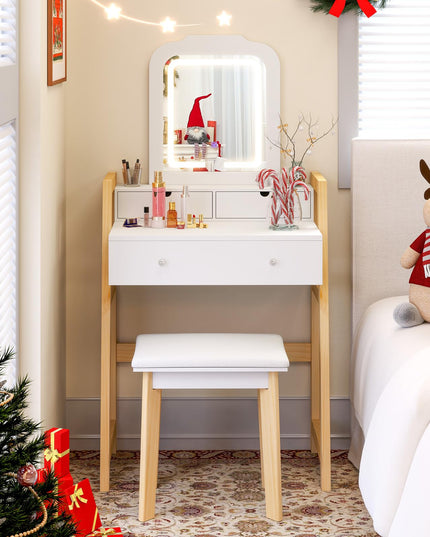 Small Vanity Desk with Mirror and Lights, White Makeup Vanity Desk with 3 Drawers