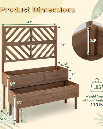 Giantex Raised Garden Bed with Trellis, 2-Tier Wooden Planter Box with Legs and Drain Holes (Brown)
