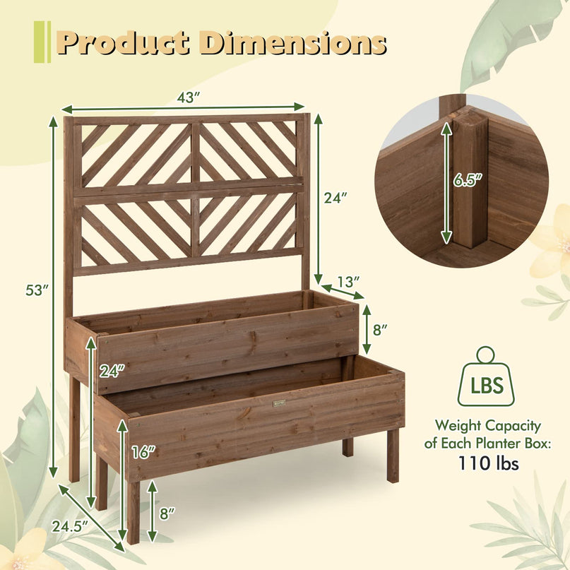 Giantex Raised Garden Bed with Trellis, 2-Tier Wooden Planter Box with Legs and Drain Holes (Brown)