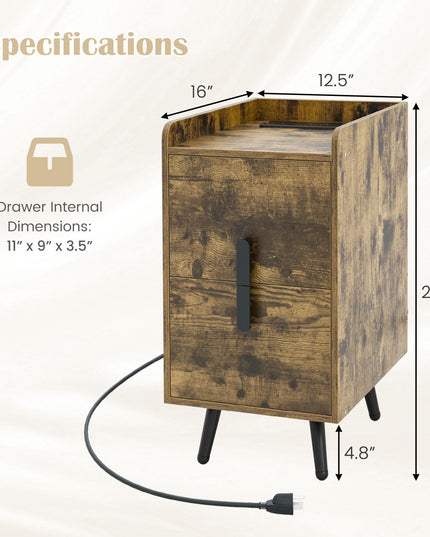Giantex Nightstand with Charging Station, Narrow End Table with 2 Drawers & Metal Gold Legs