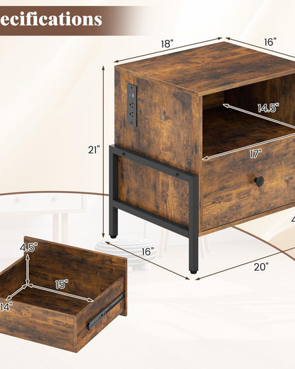 Giantex Industrial End Table with Charging Station & Storage Drawer