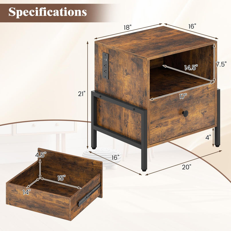 Giantex Industrial End Table with Charging Station & Storage Drawer