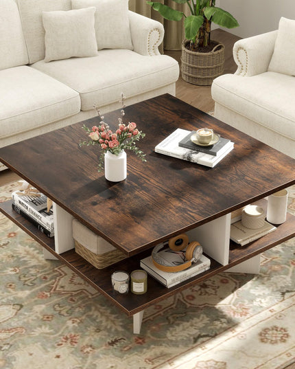 Giantex Square Coffee Table with 4 Storage Compartments & Cross Shape Base