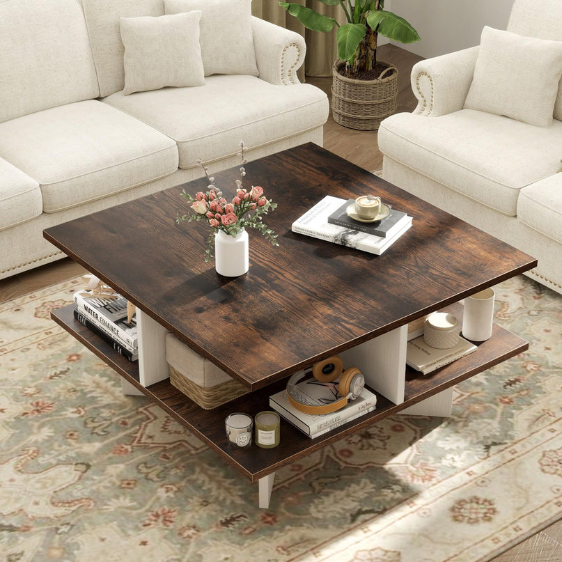 Giantex Square Coffee Table with 4 Storage Compartments & Cross Shape Base