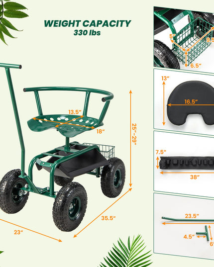 Giantex Garden Cart, Rolling Workseat with 4 Wheels, Tool Tray, Removable Cushion, Storage Basket