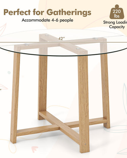 Giantex 42” Round Dining Table for 4, Kitchen Table with 0.3” Tempered Glass Tabletop, Rubber Wood Legs