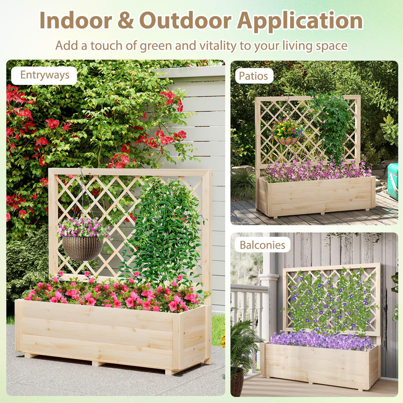 Giantex Wood Elevated Planter Box with Trellis and Drainage Hole (39”x14”x40”)