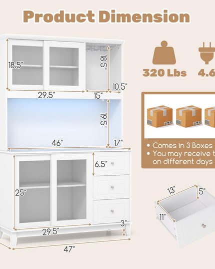 Giantex 73" Kitchen Pantry Storage Cabinet, Hutch Cabinet with LED Lights & Power Outlet, Kitchen Buffet Cabinet w/Wine Glass Racks