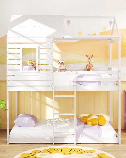 Giantex White Wood Bunk Bed Twin Over Twin with Ladder and Guardrail