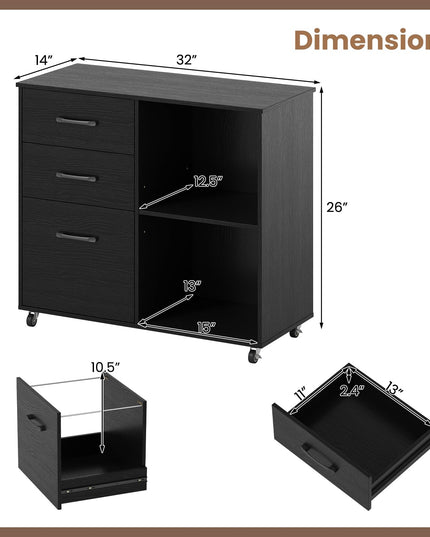 3-Drawer File Cabinet | Mobile Lateral Filing Cabinet with Wheels