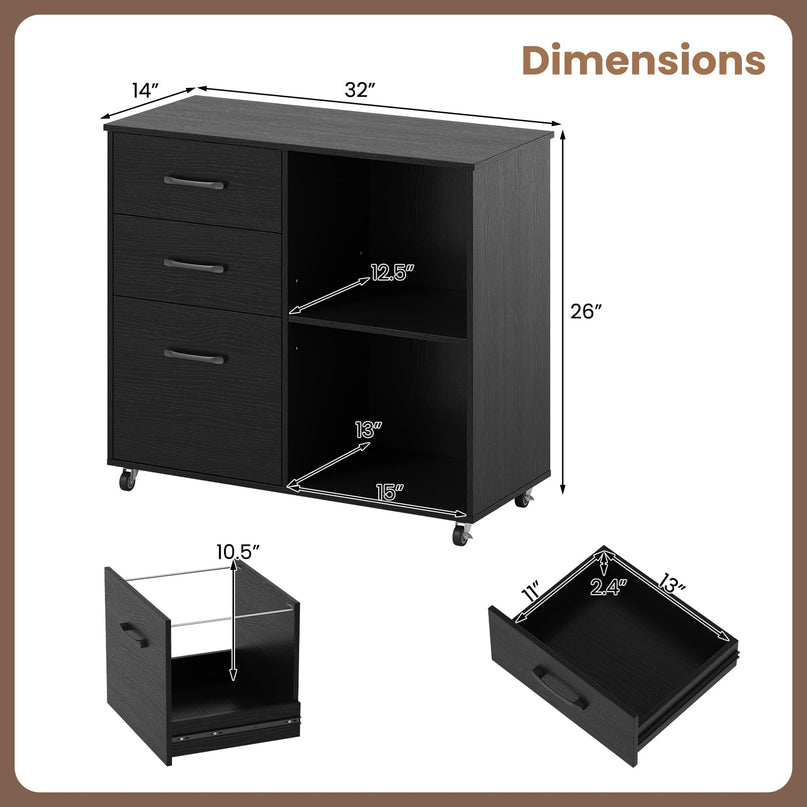3-Drawer File Cabinet | Mobile Lateral Filing Cabinet with Wheels
