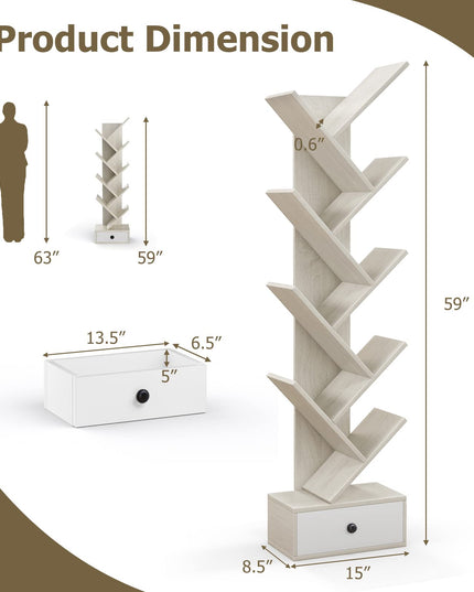 10-Tier Tree Bookshelf with Drawer, Beige - Giantex