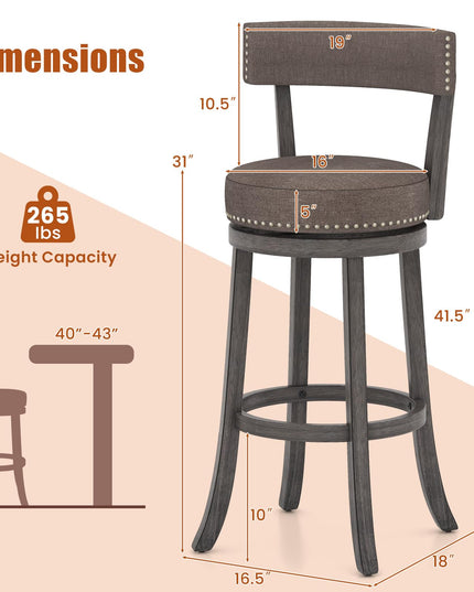 Giantex 31" Bar Stools Set, Swivel Bar Height Bar Chairs with Footrest, Rubber Wood Frame