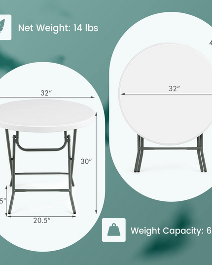 Giantex 32 Inches Round Folding Table, Portable Plastic Card Table with Thickened HDPE Tabletop and Sturdy Metal Frame, White