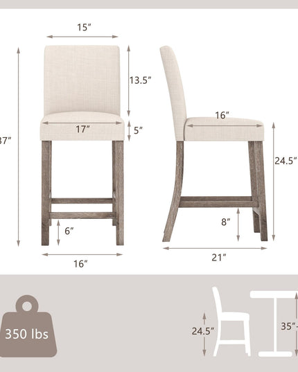 Giantex Bar Stools Counter Height, 24.5" Modern Fabric Bar Chairs with Back, Footrest & Solid Wood Legs