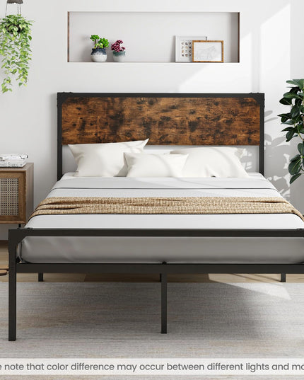Giantex Full Size Bed Frame with Rustic Headboard & Footboard, Strong Metal Slat Support Mattress Foundation