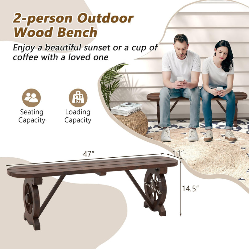 Giantex 2-Person Wooden Outdoor Bench - Patio Bench w/Wagon Wheel Legs