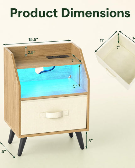 GIANTEX Modern LED Nightstand w/Charging Station & Fabric Drawer