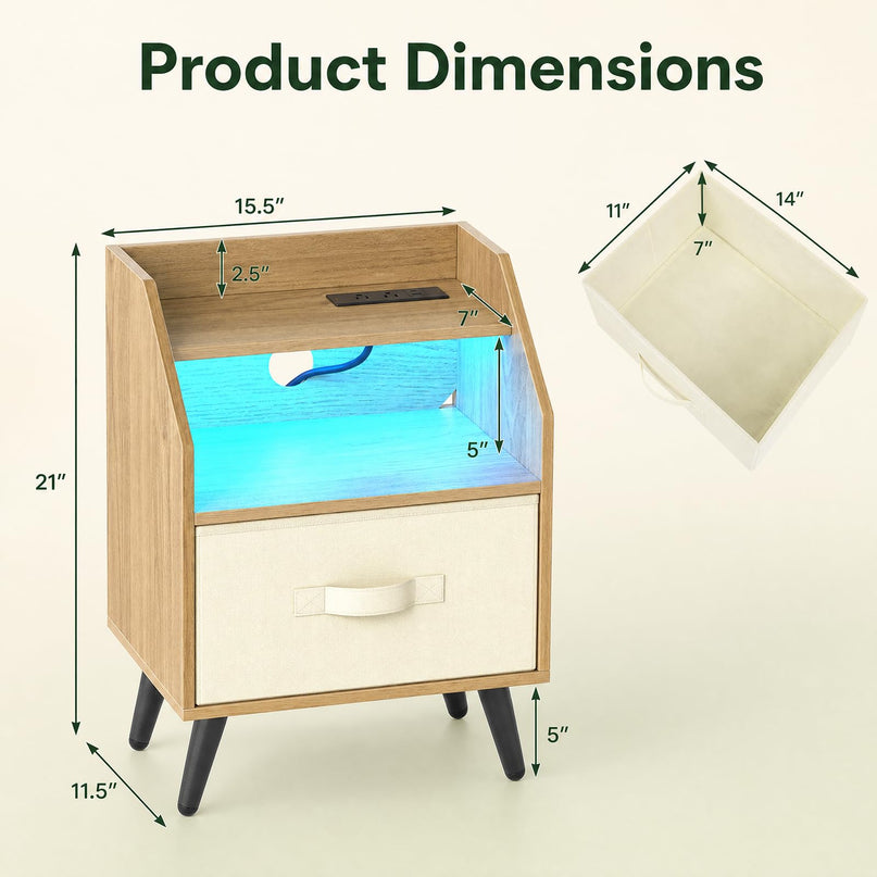 GIANTEX Modern LED Nightstand w/Charging Station & Fabric Drawer