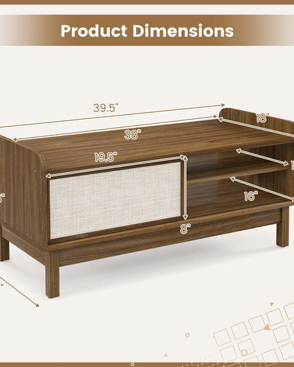 Giantex Coffee Table with Storage and Sliding Doors, Mid-Century Modern Coffee Table with Adjustable & Removable Shelf