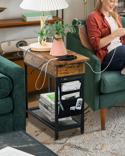 Giantex Set of 2 End Table with Charging Station, Industrial Multifunctional Nightstand