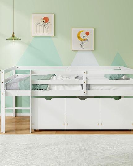 Giantex Twin Low Loft Bed with 3 Drawers, Wooden Loft Bed Frame with Ladder & Full-length Guardrails