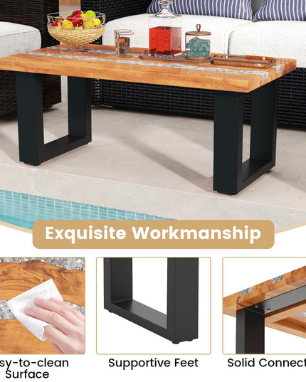 Giantex Teak Outdoor Coffee Table, Rectangular Resin Side Table with River Feel Epoxy Tabletop
