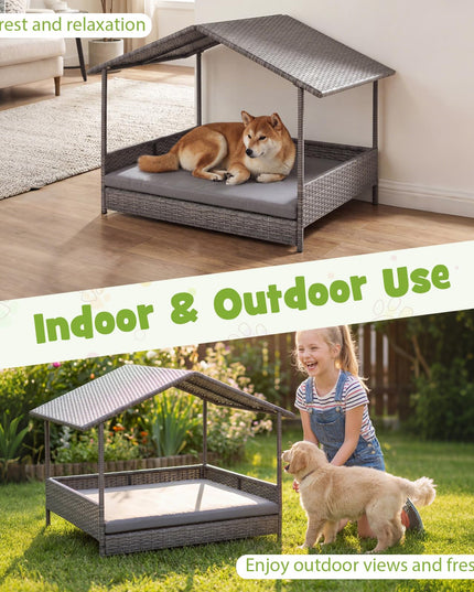 Giantex Outdoor Wicker Dog House with Washable Cushion