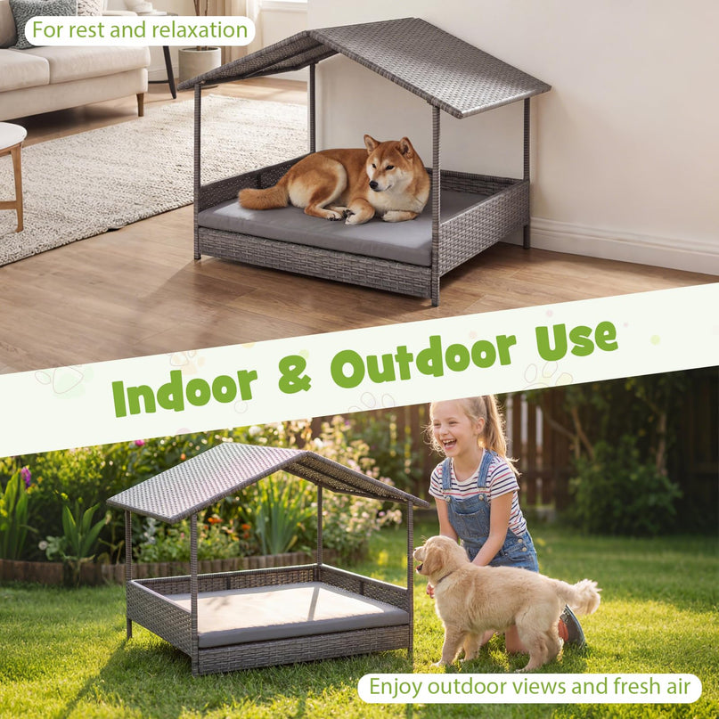 Giantex Outdoor Wicker Dog House with Washable Cushion