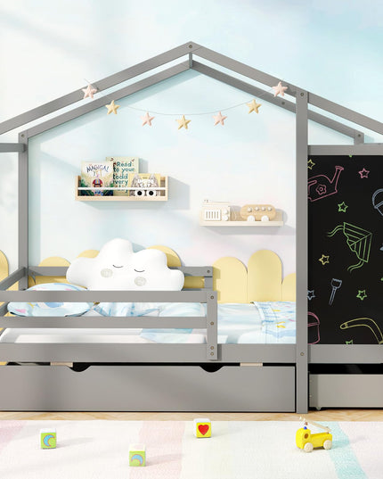 Giantex Twin Bed with 2 Storage Drawers, Solid Wood House Bed with Blackboard & Safety Guardrails