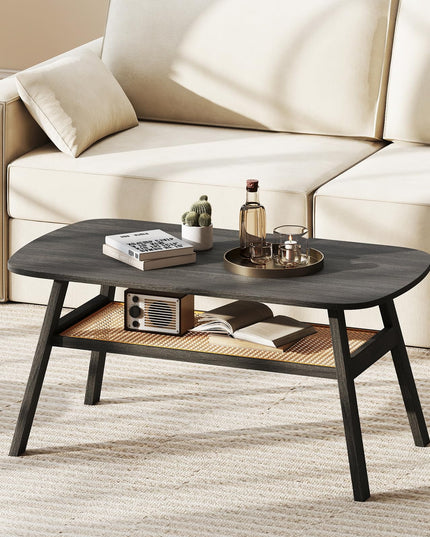 Giantex 2-Tier Mid Century Modern Rattan Coffee Table