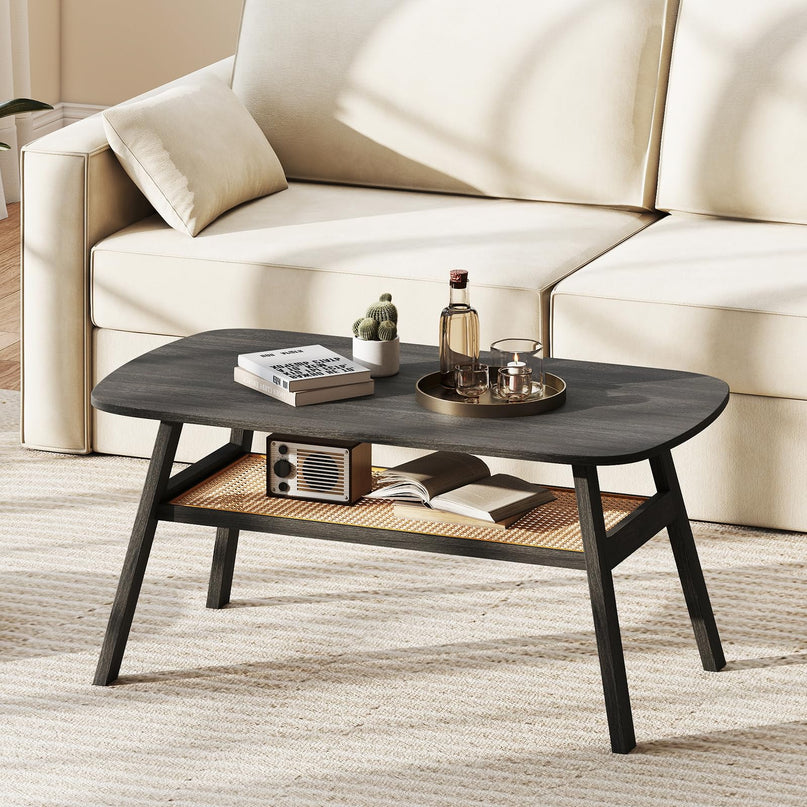 Giantex 2-Tier Mid Century Modern Rattan Coffee Table