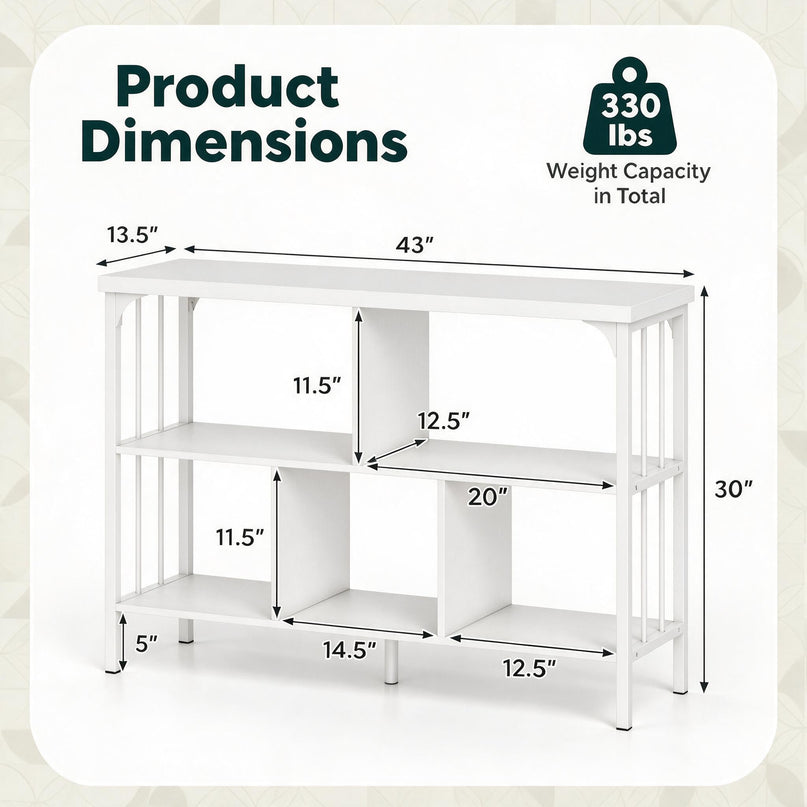 GIANTEX 3-Tier Industrial Low Wide Bookshelf w/ 5 Cube Storage Organizer